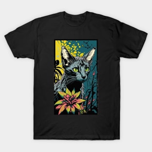 Lykoi Cat Vibrant Tropical Flower Tall Retro Vintage Digital Pop Art Portrait T-Shirt